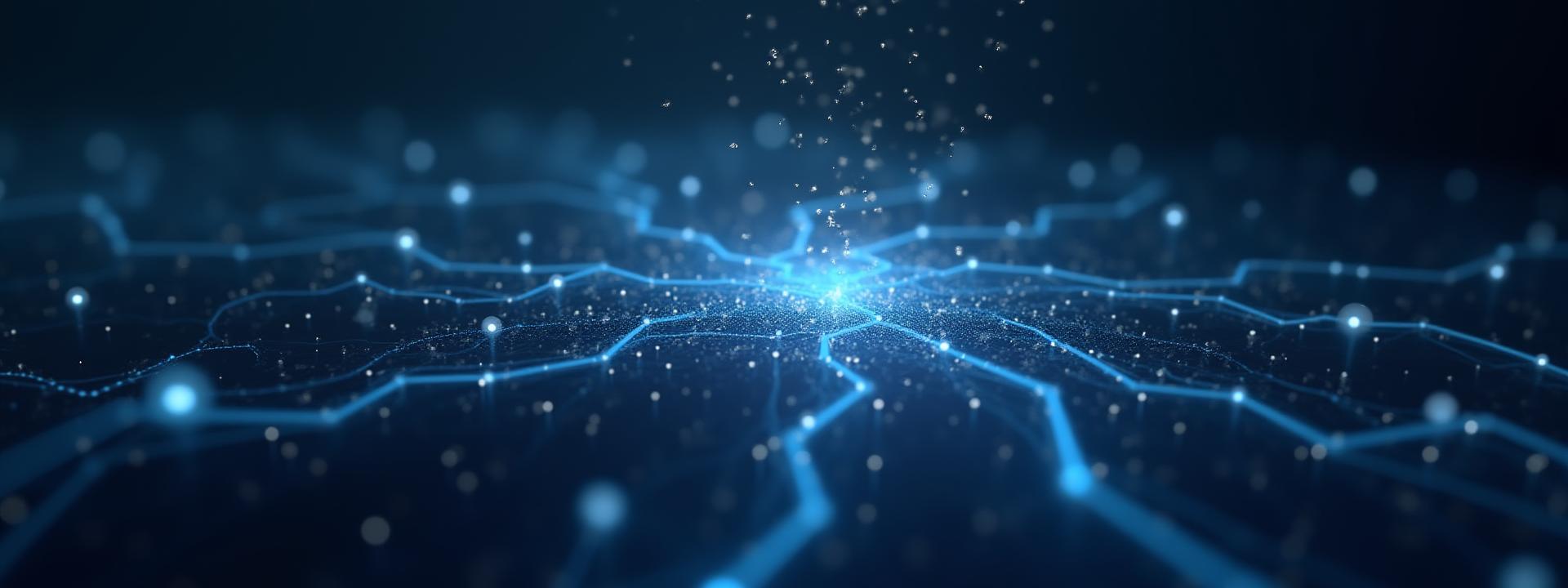 Futuristisches Bild von Datenströmen und neuronalen Netzmustern mit interagierenden Menschen
