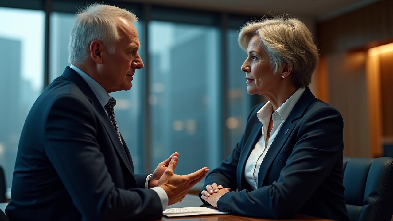 Zwei Führungskräfte im vertrauensvollen Gespräch, das Vertrauen und strategische Beratung symbolisiert