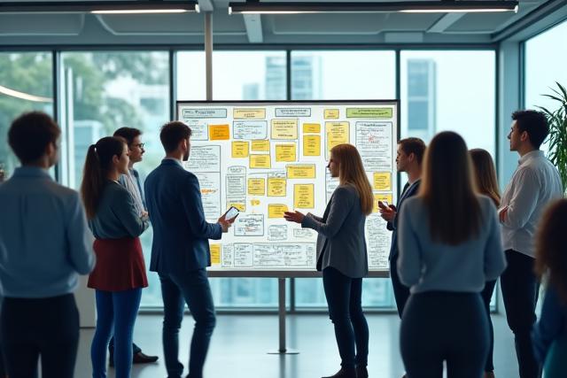 Ein Team arbeitet agil an einem Whiteboard und symbolisiert Zusammenarbeit und Innovation