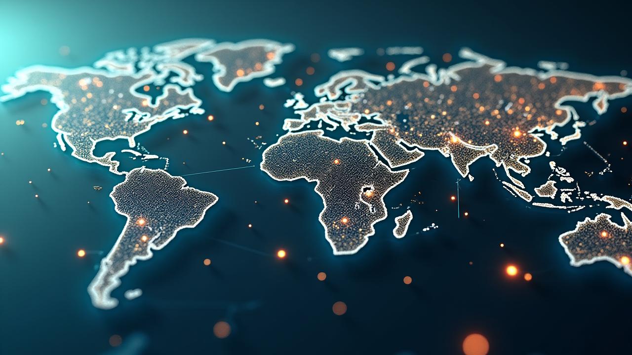 Globale, vernetzte Lieferkette mit Containerschiffen, LKWs, Flugzeugen, verbunden durch leuchtende Linien